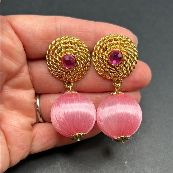 VTG Gold and Pink Silk Threaded Ball Drop Post Back Earrings - Picture 1 of 6